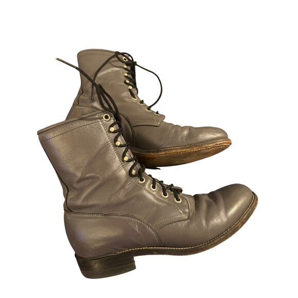 Justin 502 Vintage Gray Leather Lace-Up Combat Boots Stacked Heel Unisex 8 D - Picture 14 of 14